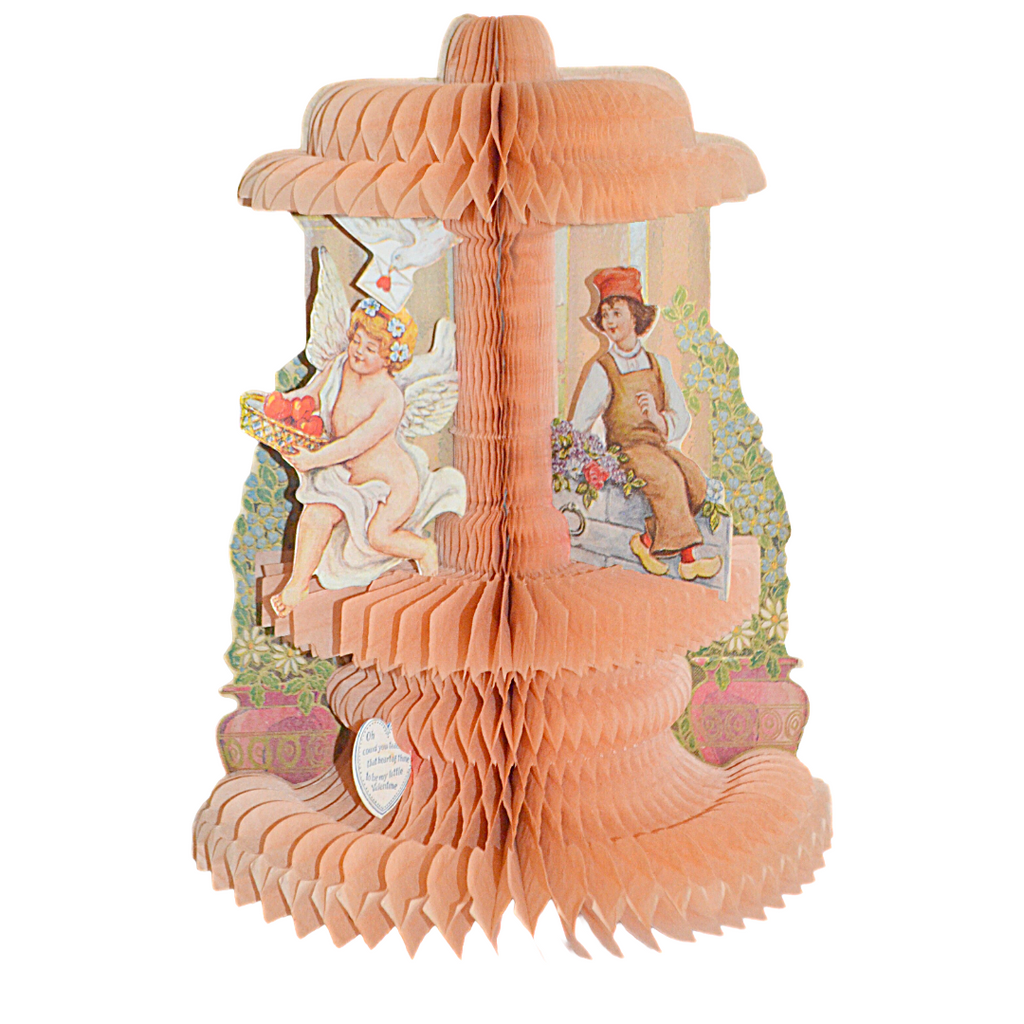 Vintage Valentine Stand Up Beistle Card Die Cut Cupid & Boy on Honeycomb