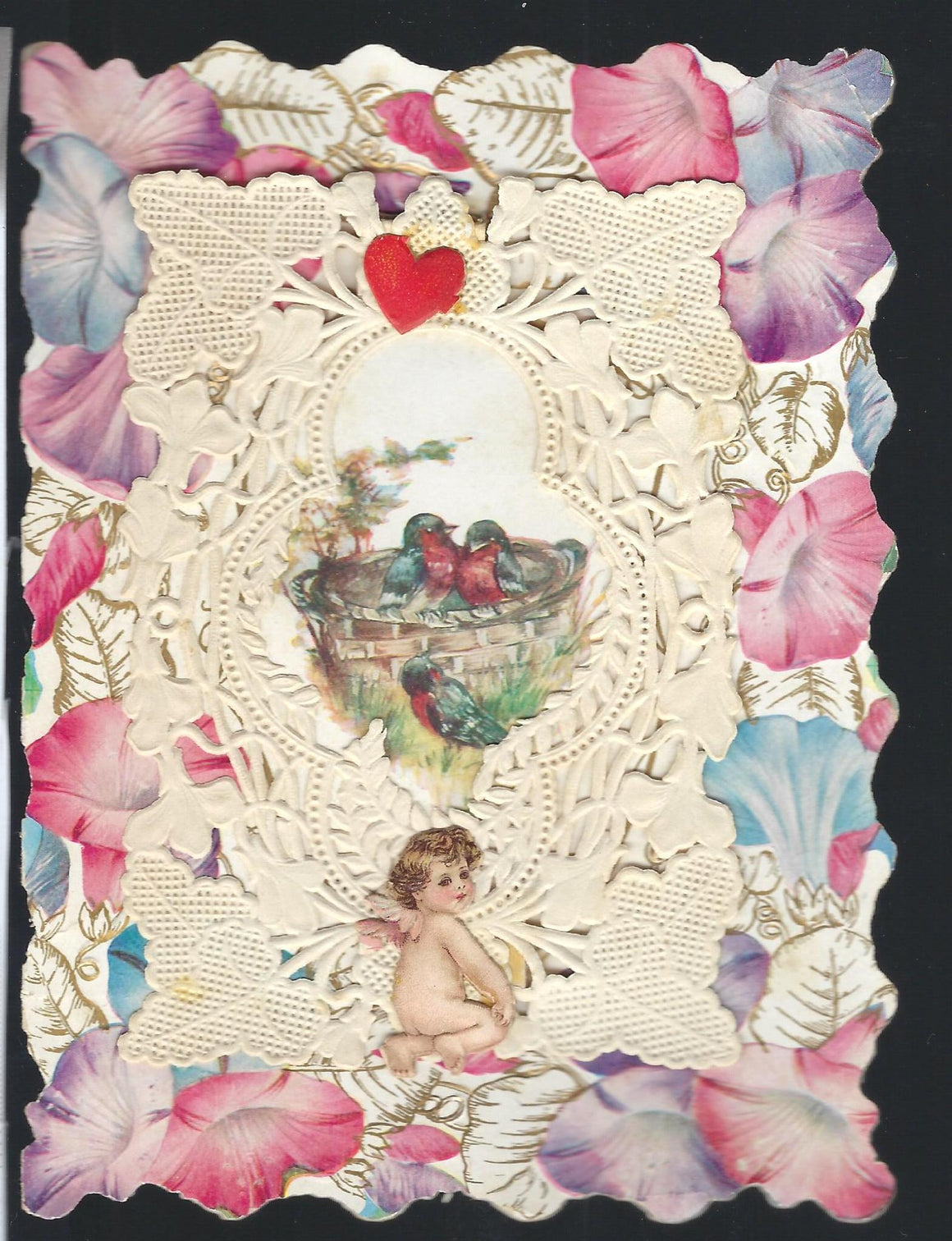 Antique Victorian Die Cut Valentine Card Paper Lace Top with Cupid and Poem