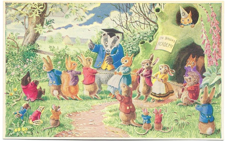 Racey Helps Artist Postcard Humanized Rabbits Forest Animals The Tug O' War