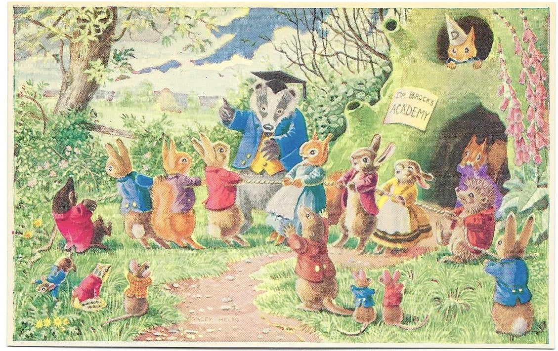 Racey Helps Artist Postcard Humanized Rabbits Forest Animals The Tug O' War