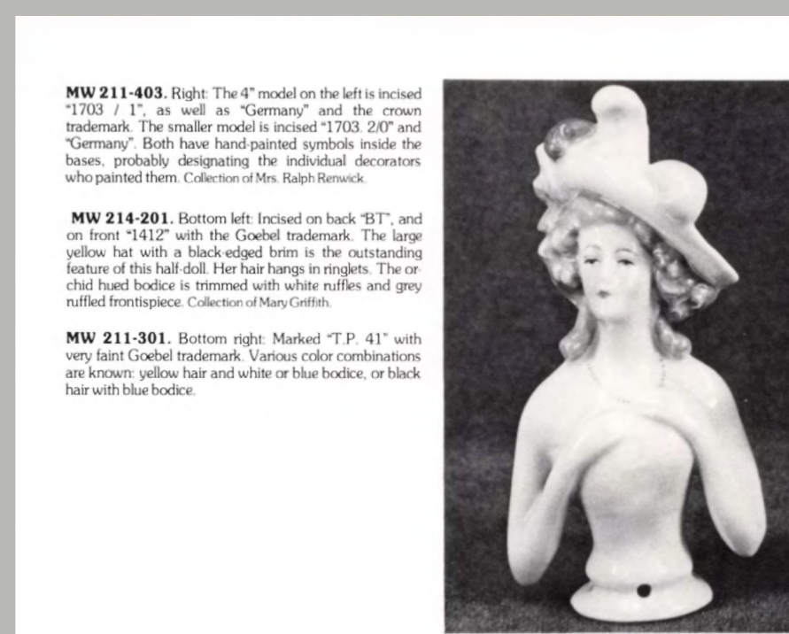 German Porcelain Half Doll Madame Du Barry By Wlm Goebel 1703/1 4" HTF Model Woman in Plume Hat with Full Dress & Skirt