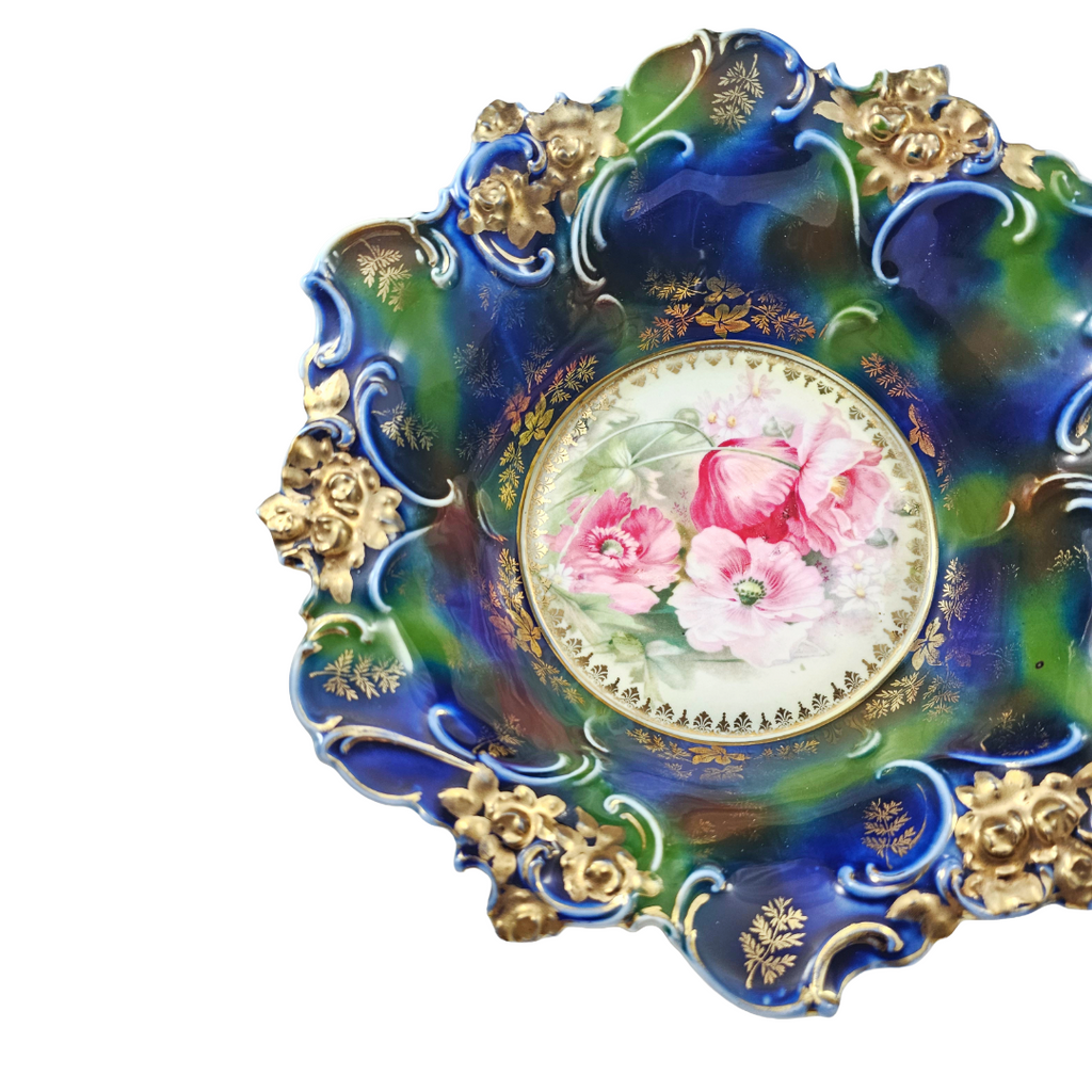 Large RS Prussia Deep Floral Bowl Cobalt & Green Gold Gilt w/ Pink Poppies