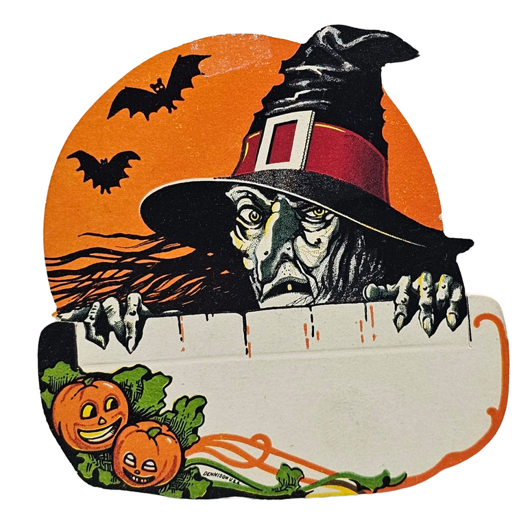 Vintage Halloween Place Card Dennison Die Cut Scary Witch with Moon