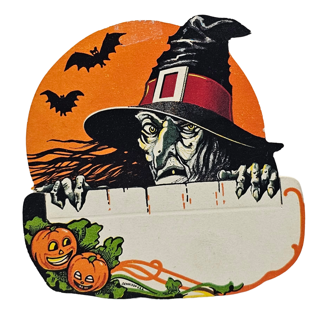 Vintage Halloween Place Card Dennison Die Cut Scary Witch with Moon