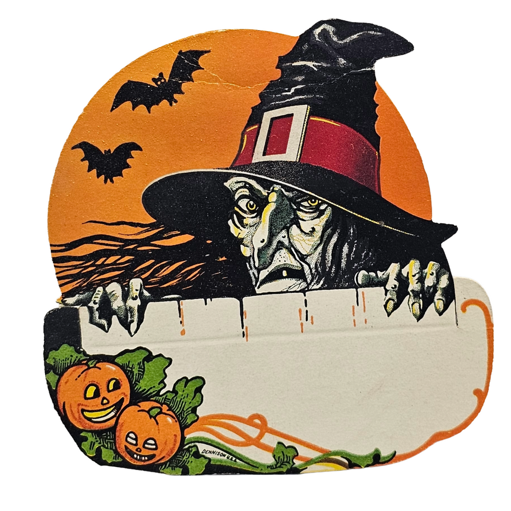Vintage Halloween Place Card Dennison Die Cut Scary Witch with Moon