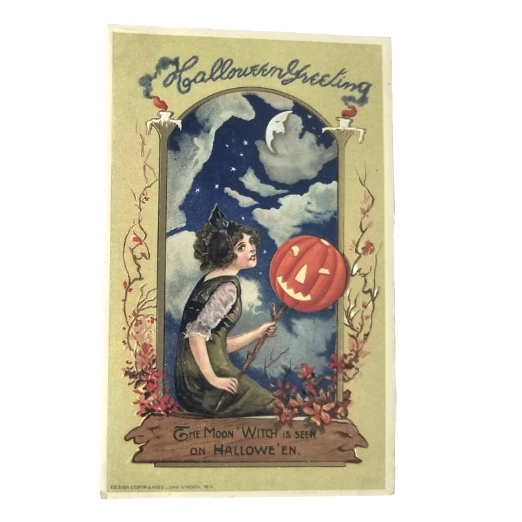 Halloween Postcard Beautiful Witch Holding JOL in Window Artist Schmucker Pub. Winsch