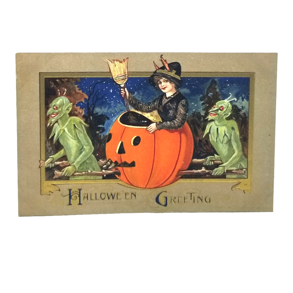 Halloween Postcard Beautiful Witch in Giant JOL Green Goblins Artist Schmucker Pub. Winsch