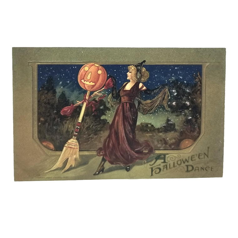 Halloween Postcard Beautiful Witch Dancing with JOL Broom Artist Schmucker Pub. Winsch