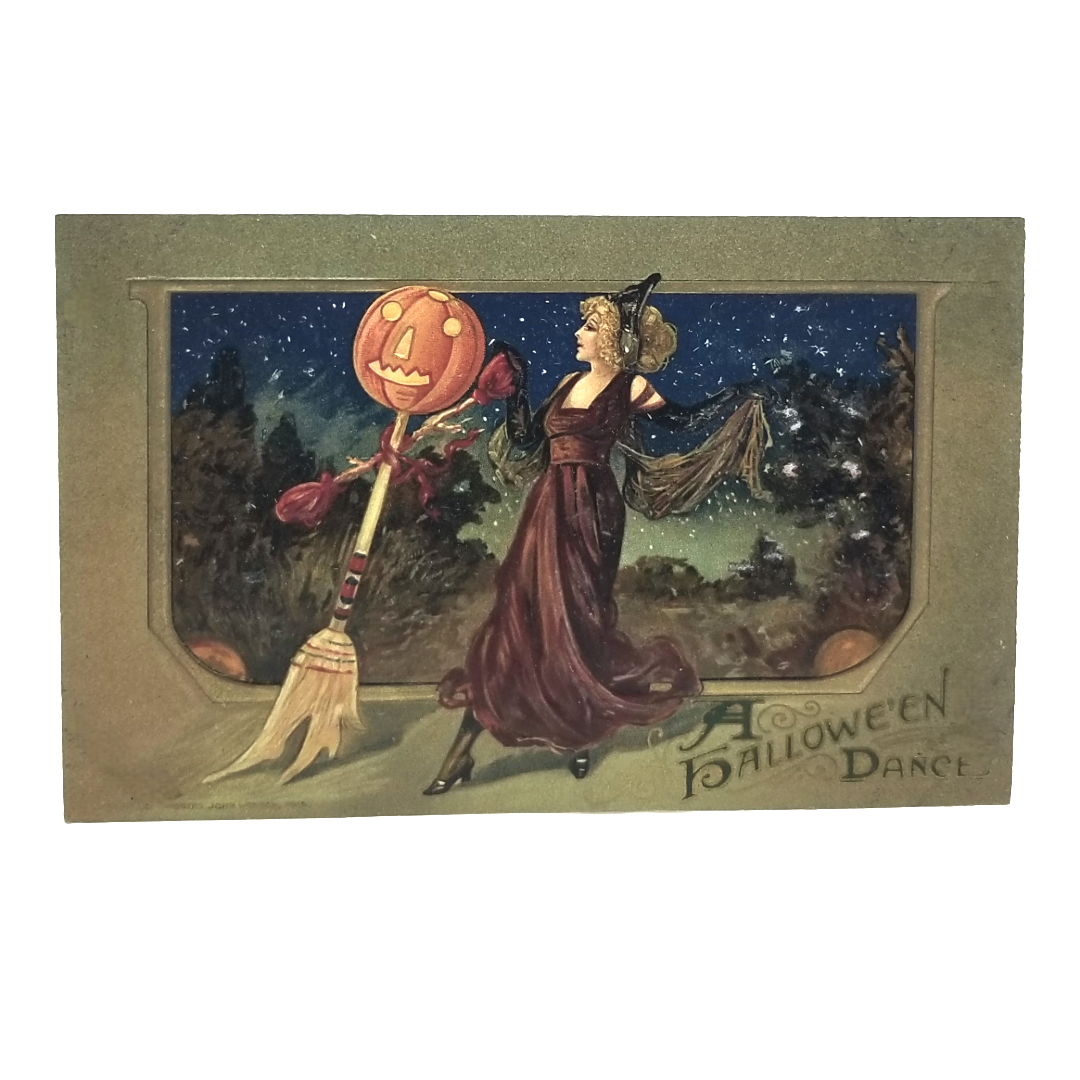 Halloween Postcard Beautiful Witch Dancing with JOL Broom Artist Schmucker Pub. Winsch