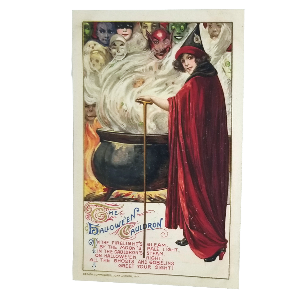 Halloween Postcard Beautiful Witch Stirring Cauldron Ghosts Goblins Demons Winsch Scmucker