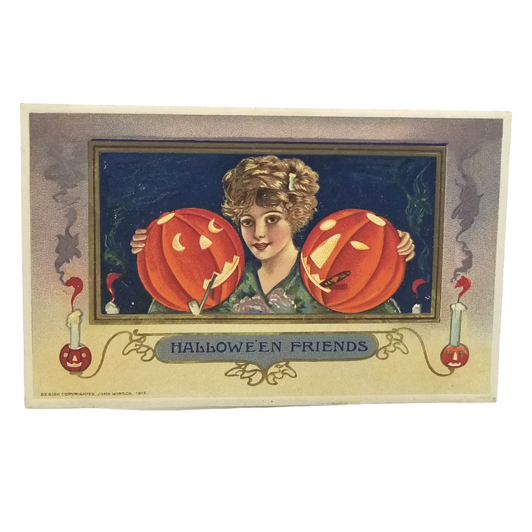 Halloween Postcard Beautiful Woman Holding Smoking JOL Pumpkins Artist Schmucker Pub. Winsch