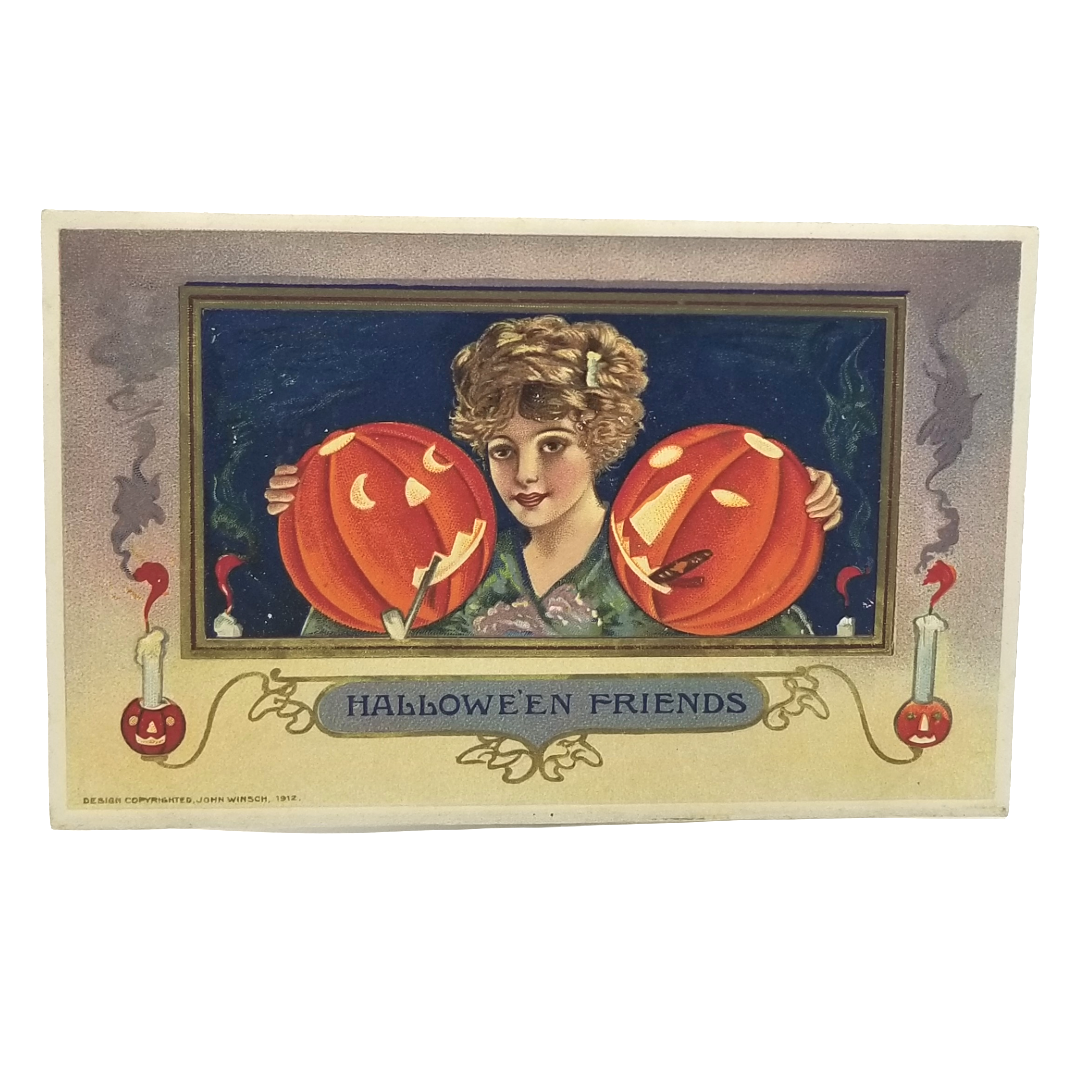 Halloween Postcard Beautiful Woman Holding Smoking JOL Pumpkins Artist Schmucker Pub. Winsch
