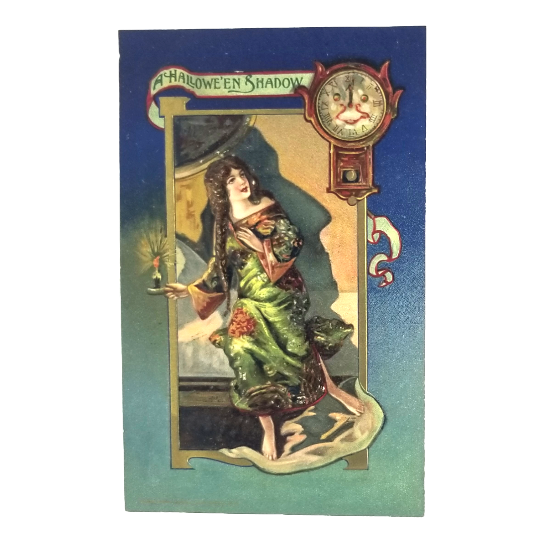 Halloween Postcard Beautiful Woman Candlestick Face Clock Artist Schmucker Pub. Winsch
