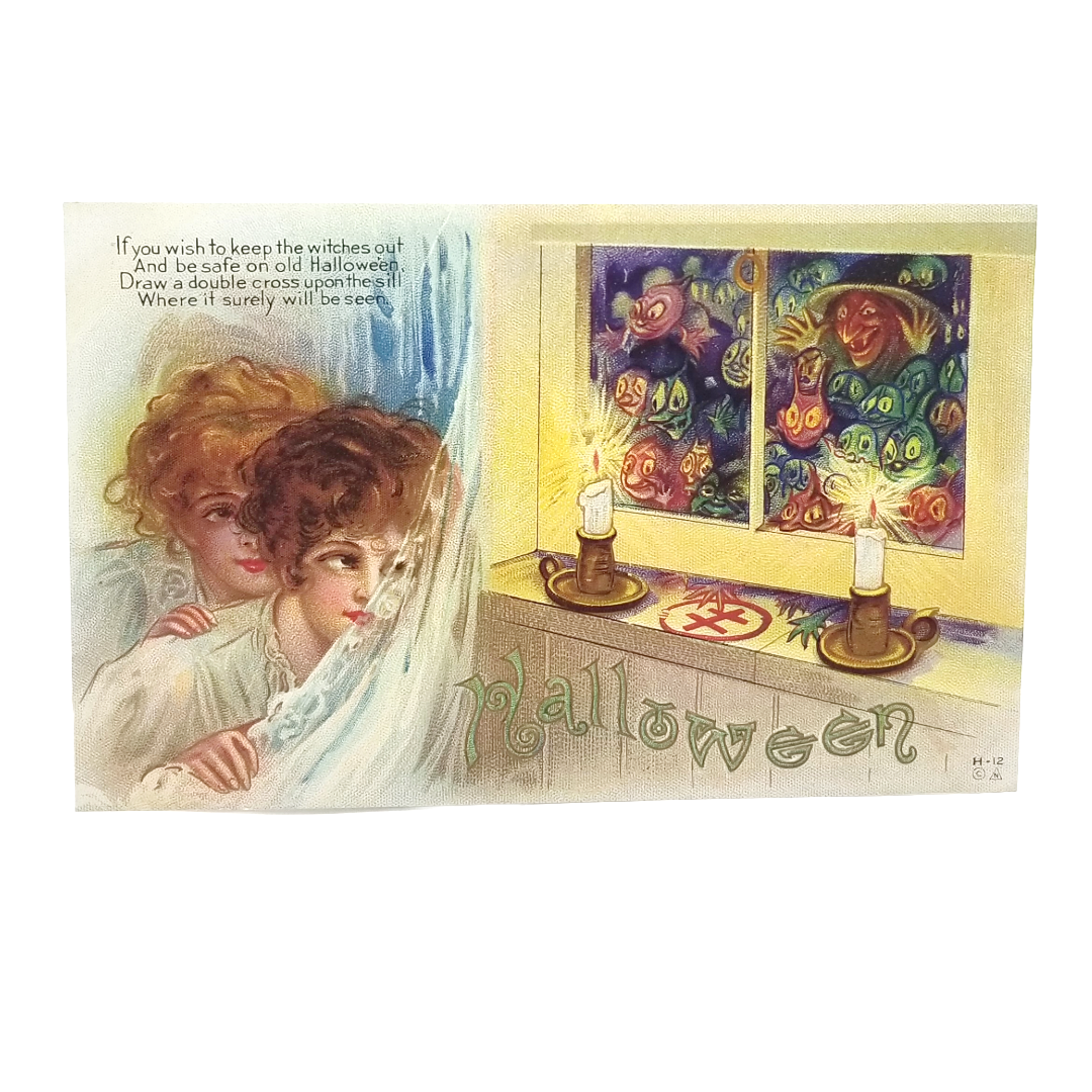 Halloween Postcard Beautiful Girls in Windows with Witches & Goblins Outside