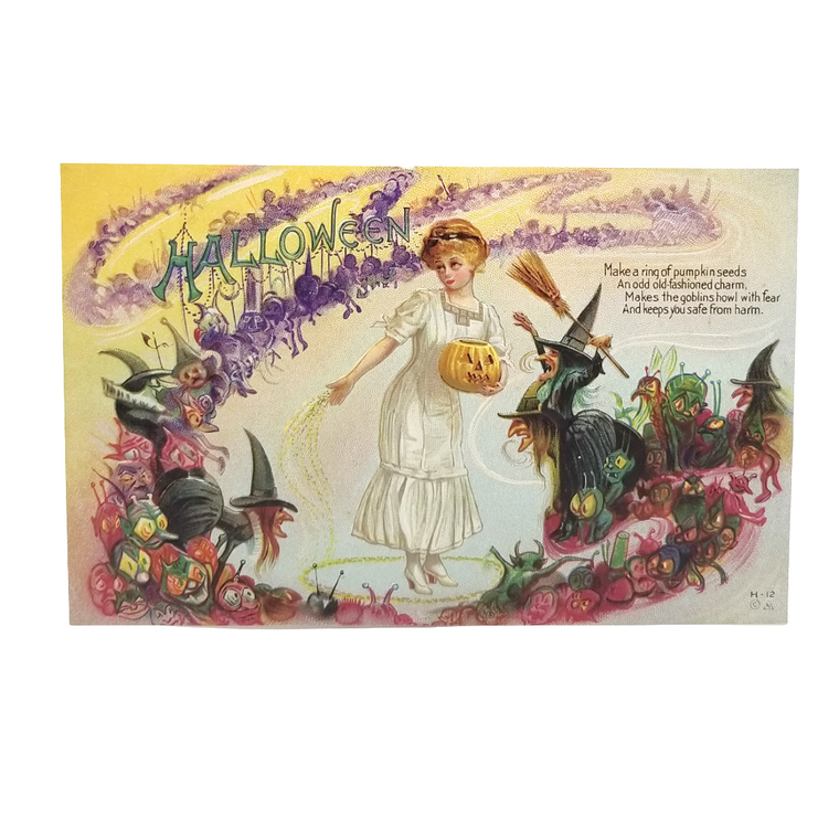Halloween Postcard Beautiful Girl in Seed Circle Parade of Witches & Goblins