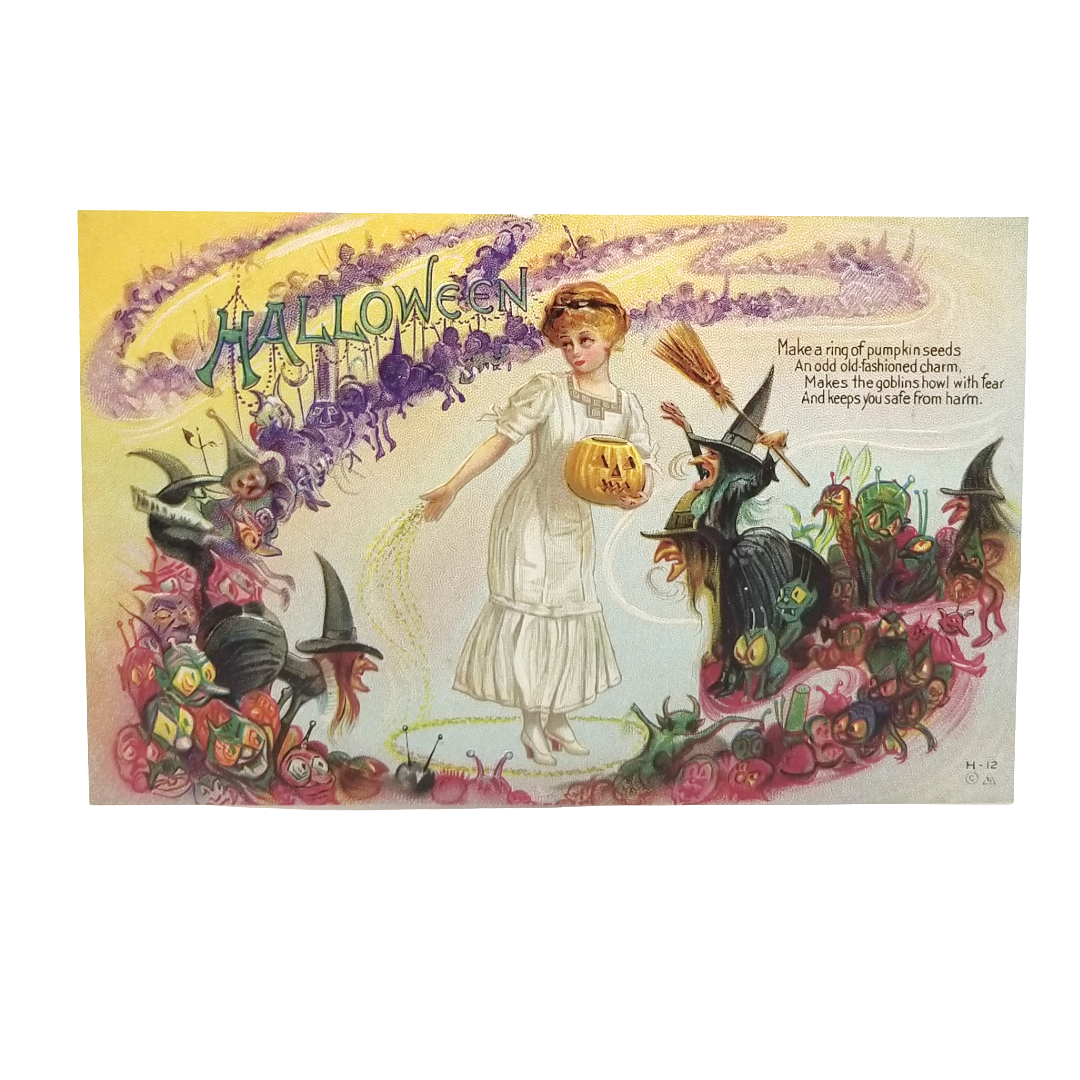 Halloween Postcard Beautiful Girl in Seed Circle Parade of Witches & Goblins