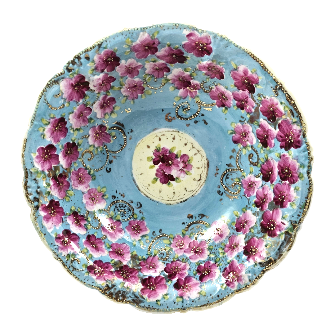 Antique Large Nippon Bowl Blue w/ Pink Flowers Moriage Gold