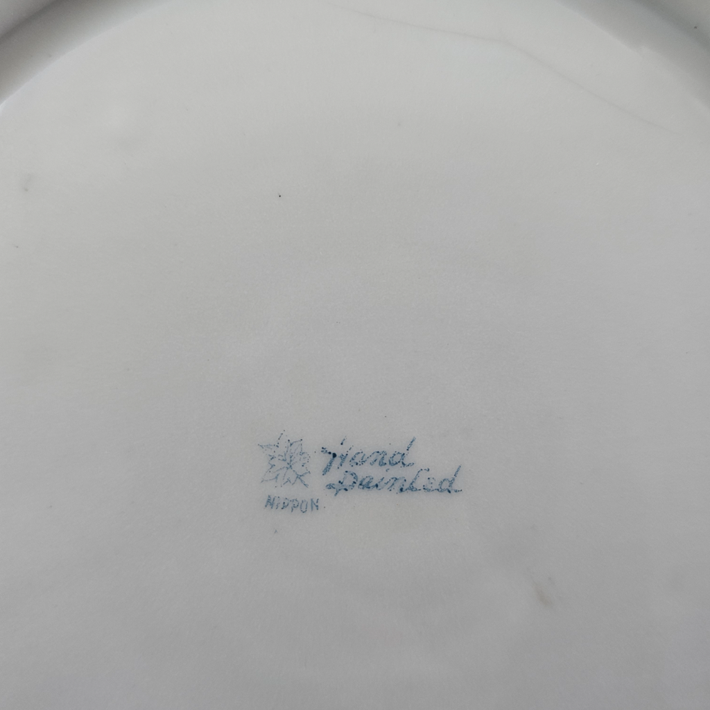 Antique Large Nippon Bowl Blue w/ Pink Flowers Moriage Gold