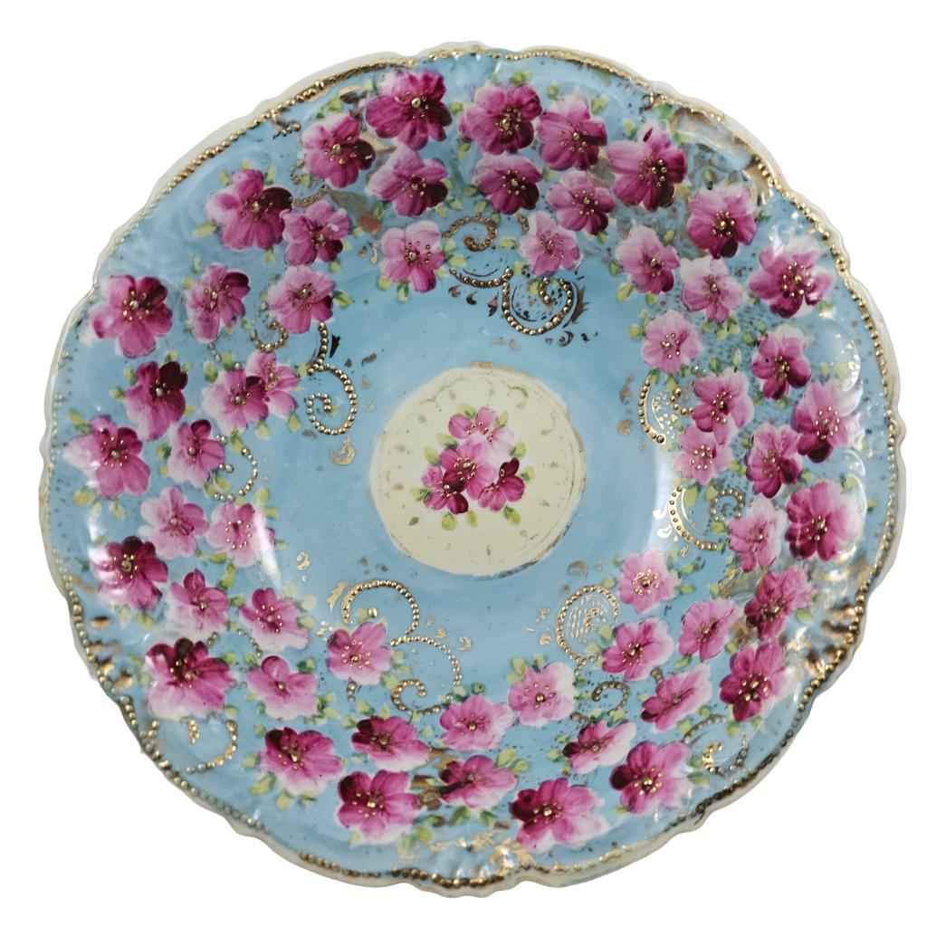 Antique Large Nippon Bowl Blue w/ Pink Flowers Moriage Gold