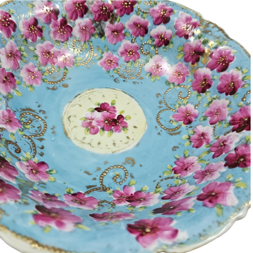 Antique Large Nippon Bowl Blue w/ Pink Flowers Moriage Gold