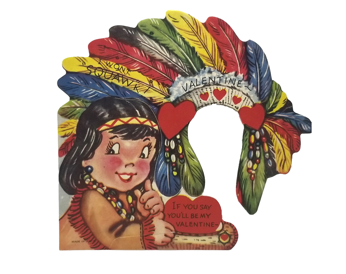 Vintage Die Cut Valentine Card Native American Indian Girl with Head Dress