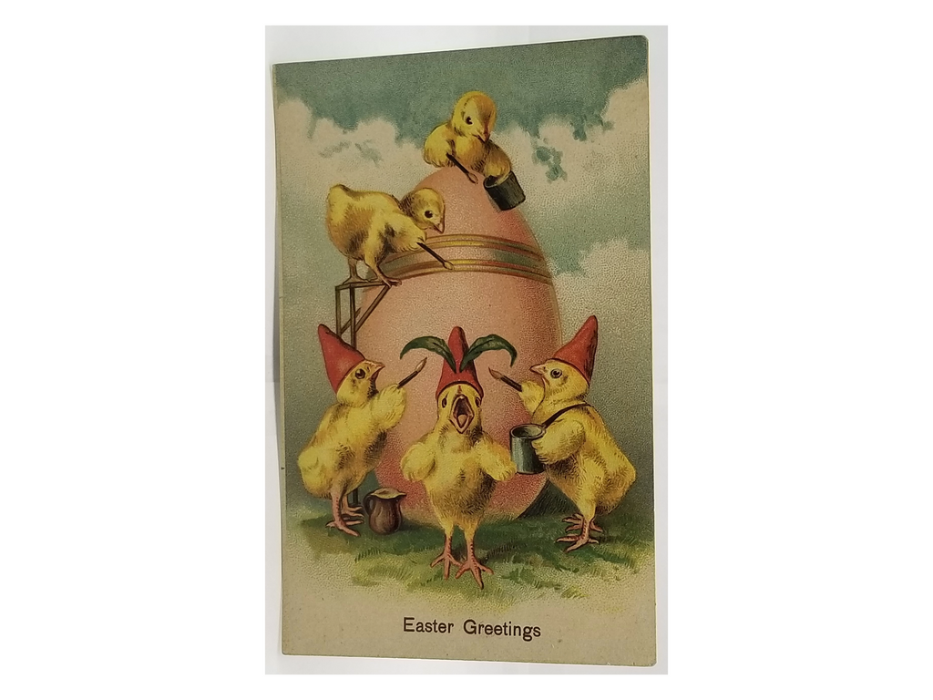 Antique Vintage German Easter Postcard, Anthropomorphic Humanized Baby Chicks in Jester Hats Painting Giant Egg