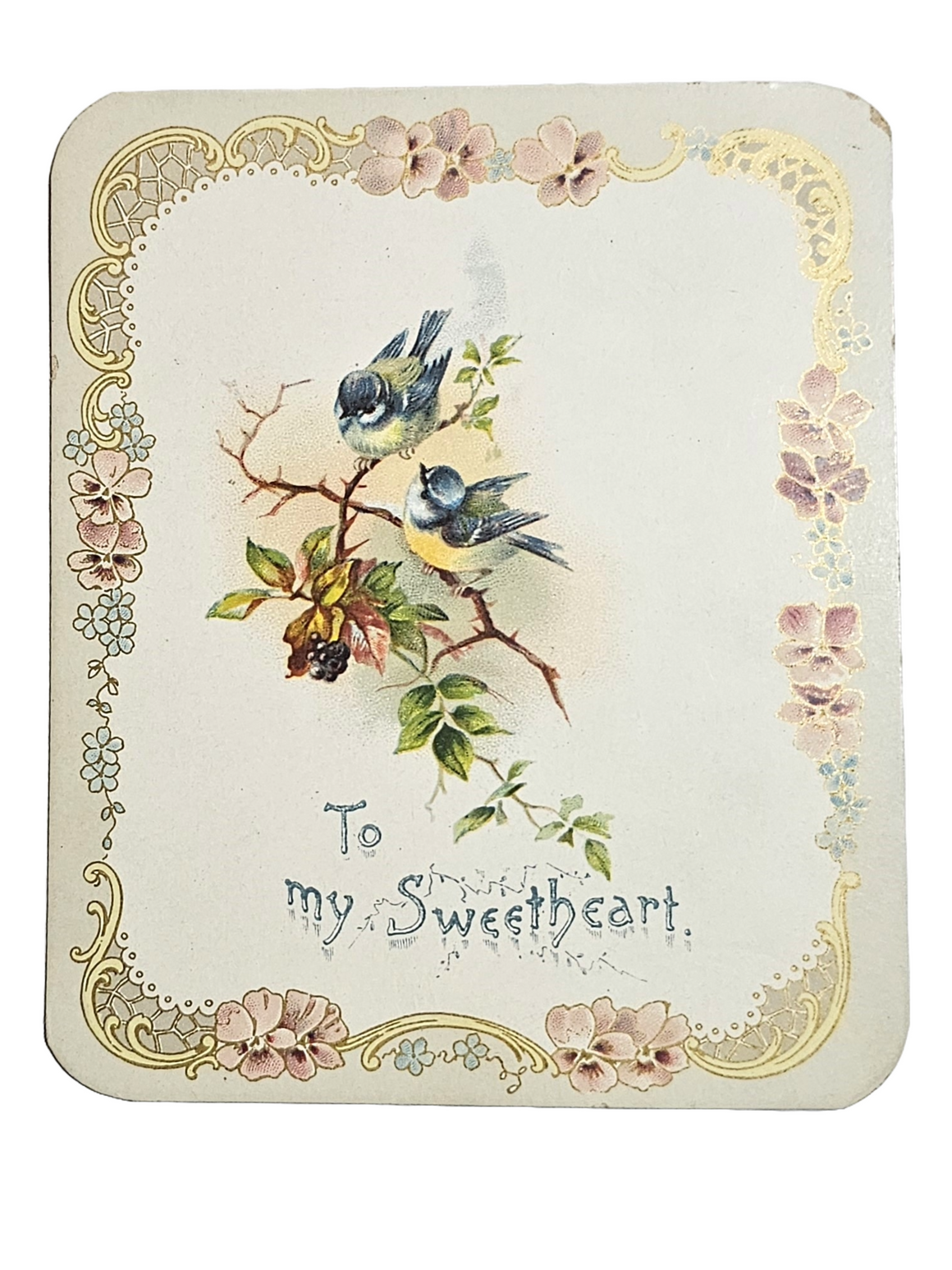 Vintage Antique Die Cut 1800s Valentine Card Chromolitho with Birds on Branch Gold Highlights "To My Sweetheart"