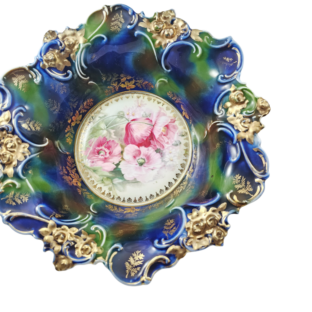 Large RS Prussia Deep Floral Bowl Cobalt & Green Gold Gilt w/ Pink Poppies