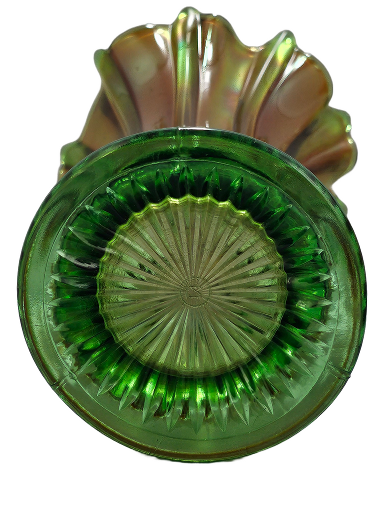 Antique Northwood Thin Ribbed Carnival Glass Vase, Marigold & Green Standard Swung Carnival Vase