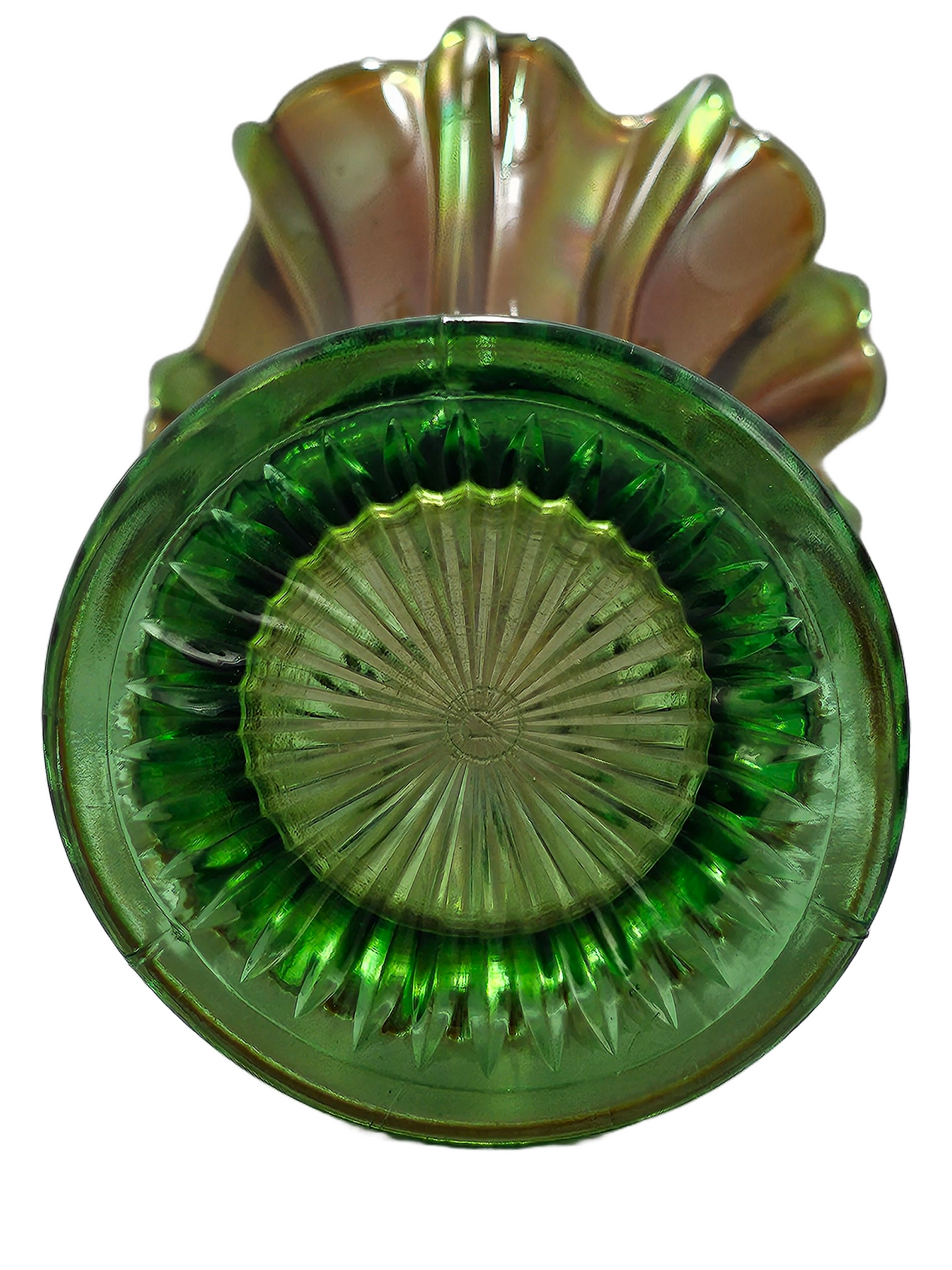 Northwood Thin Ribbed Swung Marigold Green Carnival Glass Vase