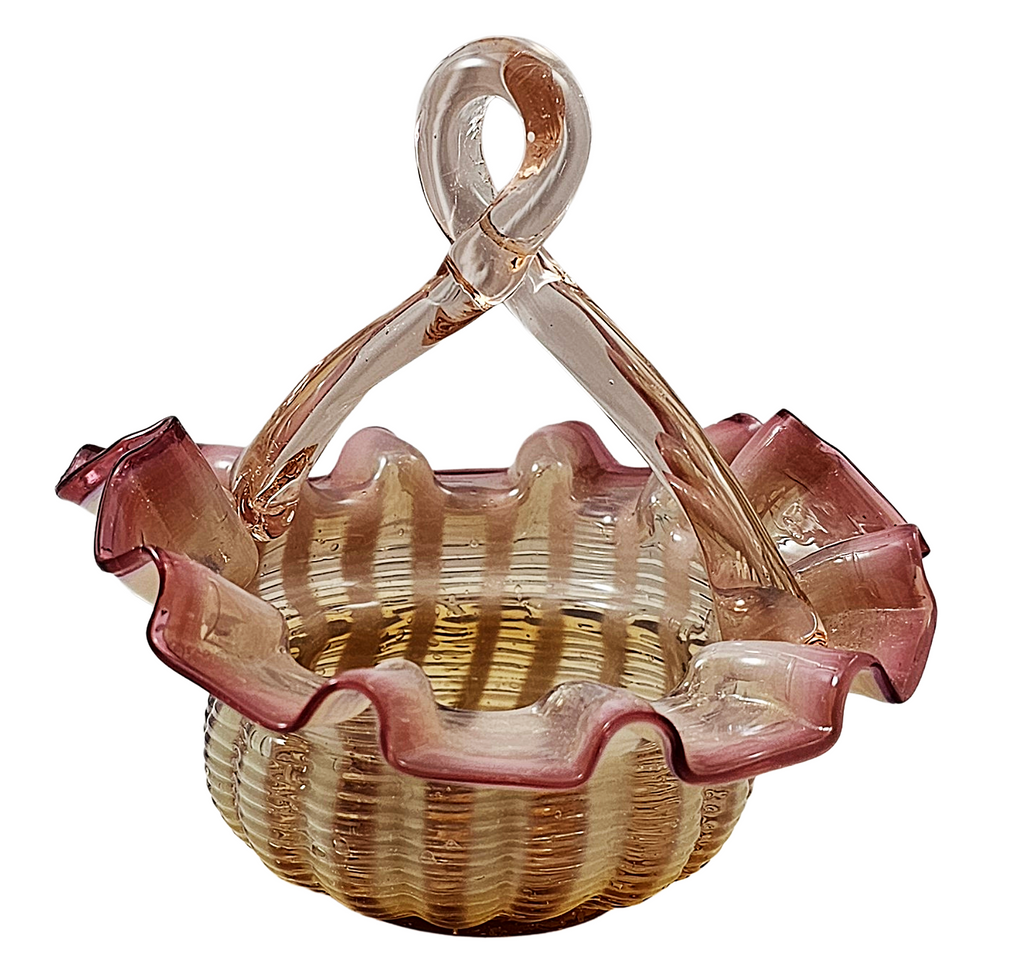 Victorian Stevens Williams Art Glass Miniature Pink Opalescent Stripe Basket