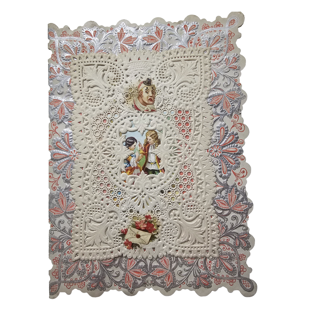 Antique Victorian Die Cut Paper Lace Valentine Card Embossed Silver Sad Clown