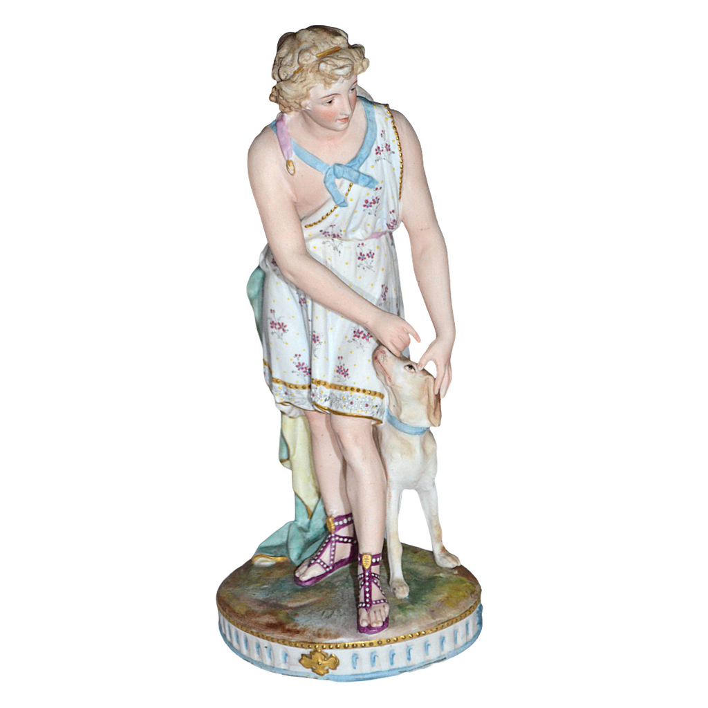 Old Paris French Bisque Sculpture Man and Dog Hand Painted Biscuit Porcelain 12" T Early Embossed Mark