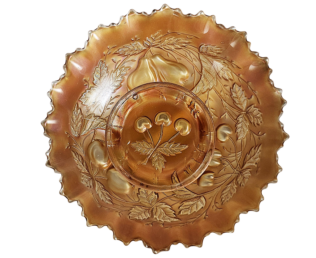 Northwood Marigold Three Fruits Carnival Glass Bowl Pie Crust Border