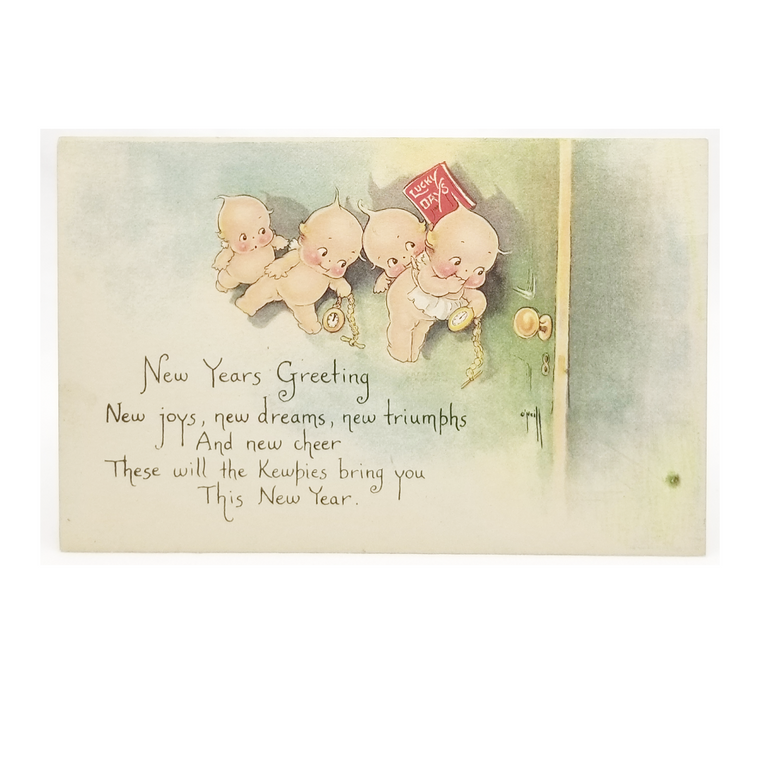 New Year Postcard Artist Rosie O'Neill Kewpies Bearing Gifts at Door