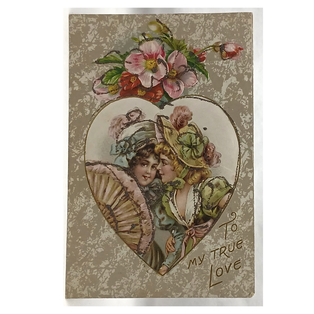 Antique Vintage German Valentine Postcard, Two Edwardian Women Talking Behind Fans, Art Nouveau Glitter Applied Card Winsch Pub