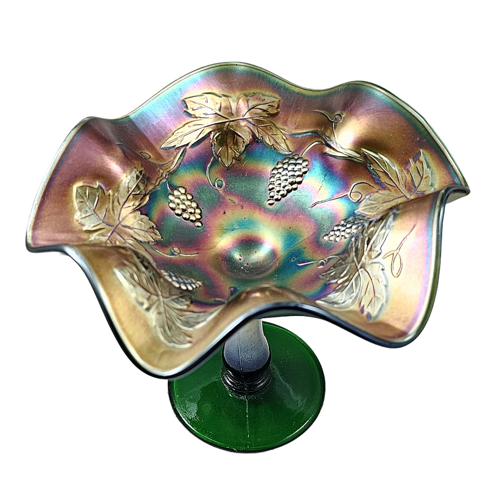 Fenton Grape & Leaves Green Carnival Glass Compote