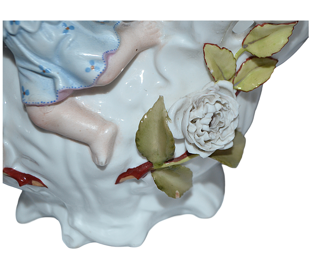 Large Antique Sitzendorf Porcelain Floral Encrusted Cherub Putti Basket