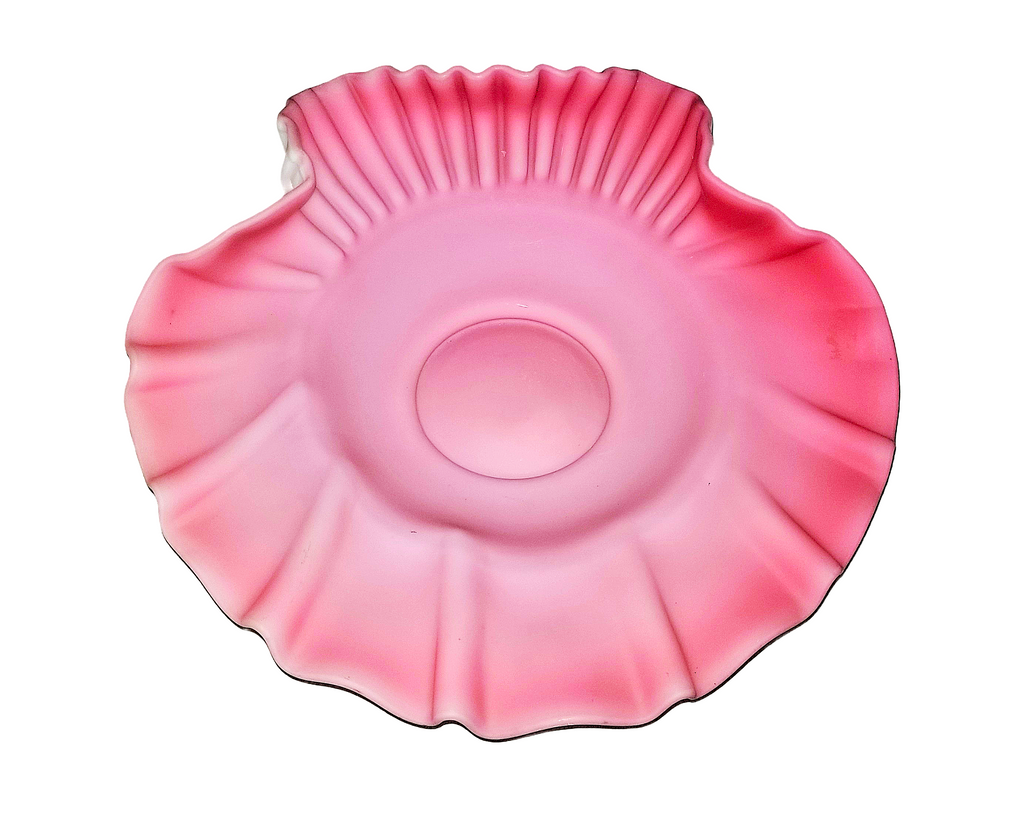 Antique Glass Bride's Bowl, Mt Washington Satin Glass Pink Cranberry Crimped Bowl