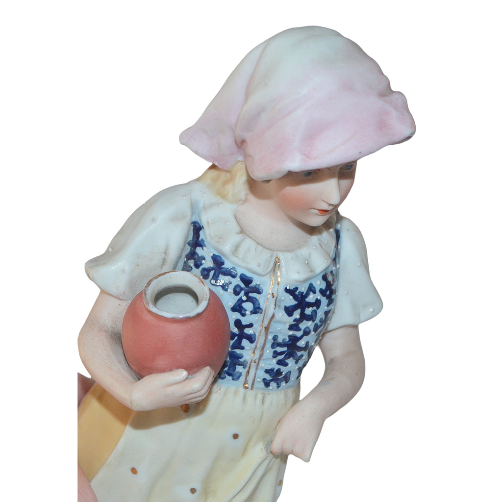 Heubach Bisque Porcelain Parlor Statue Peasant Woman Holding Jug