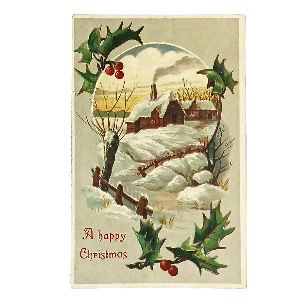 New Year Postcard Snowy Farmhouse w/Winding Road In Mistletoe Border