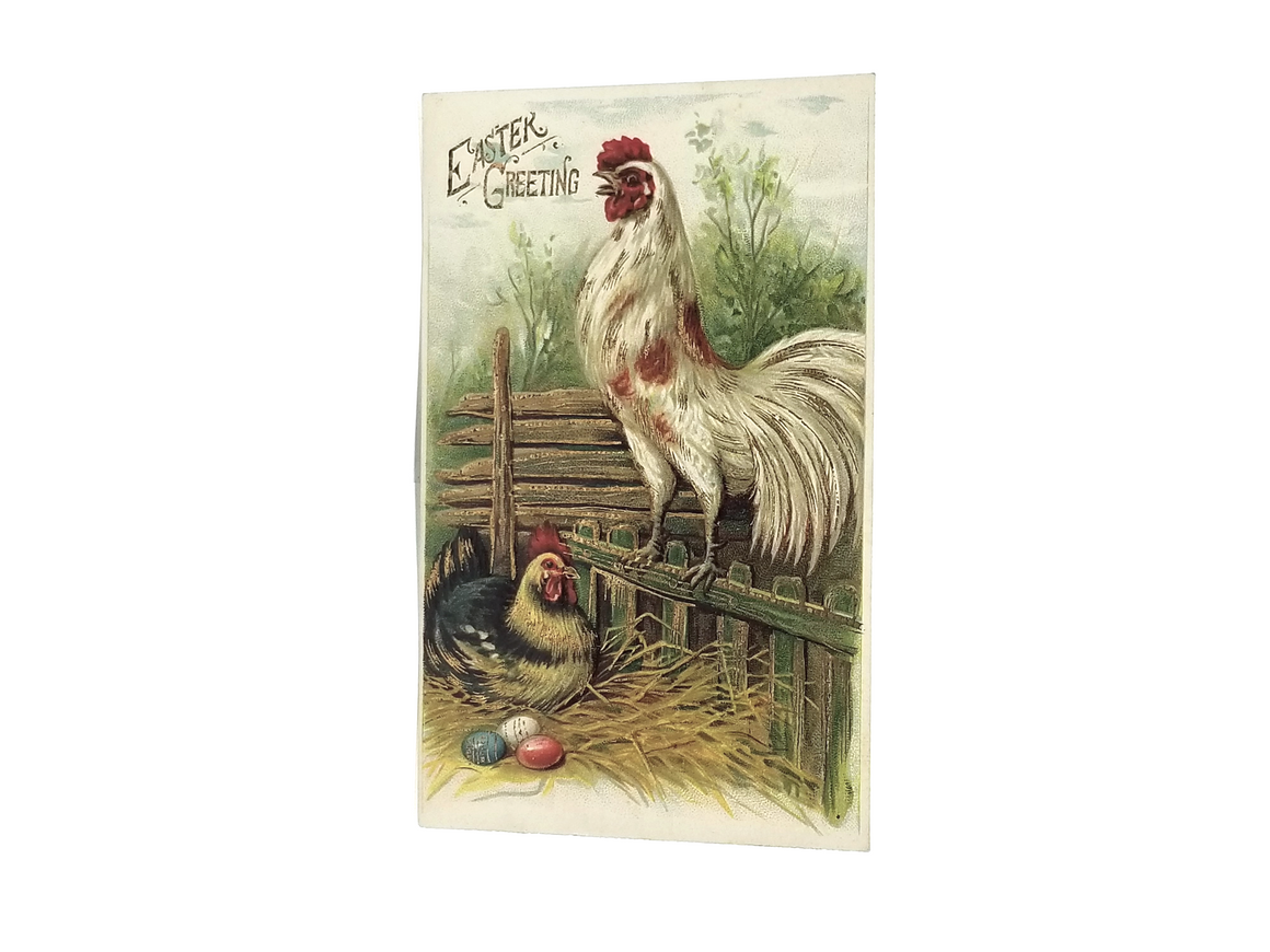Easter Postcard Rooster and Hen with Painted Eggs Gold Embossed Highlights