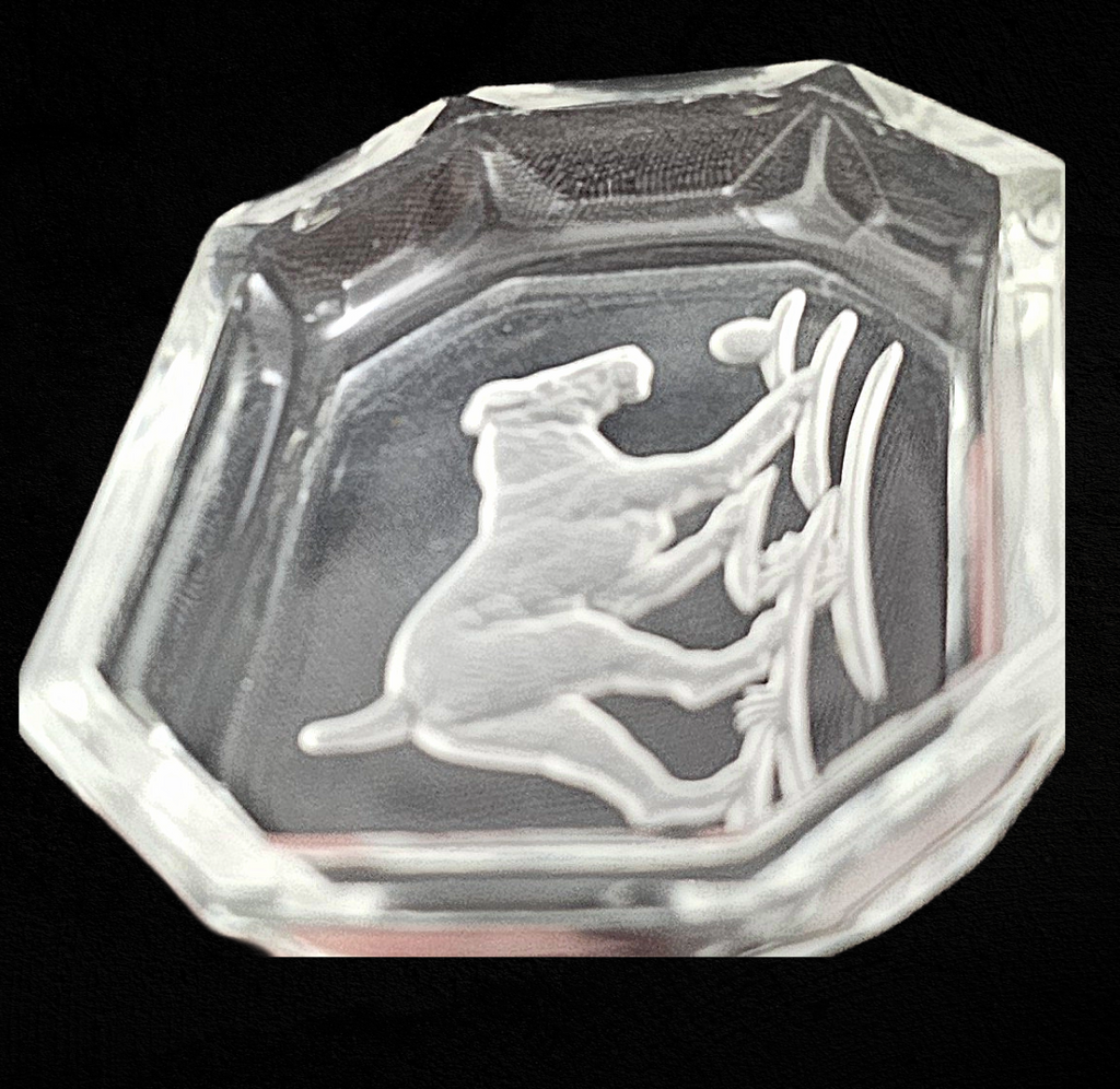 Art Deco Bohemian Czech Intaglio Glass Open Salt Cellar Schnauzer Dog w/ Ball