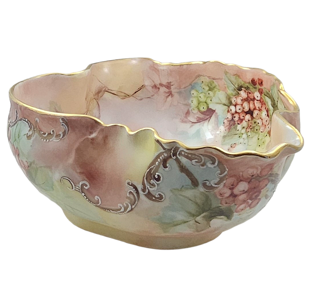 LIMOGES Porcelain Bowl Hand Painted Red Currants Branch Handle