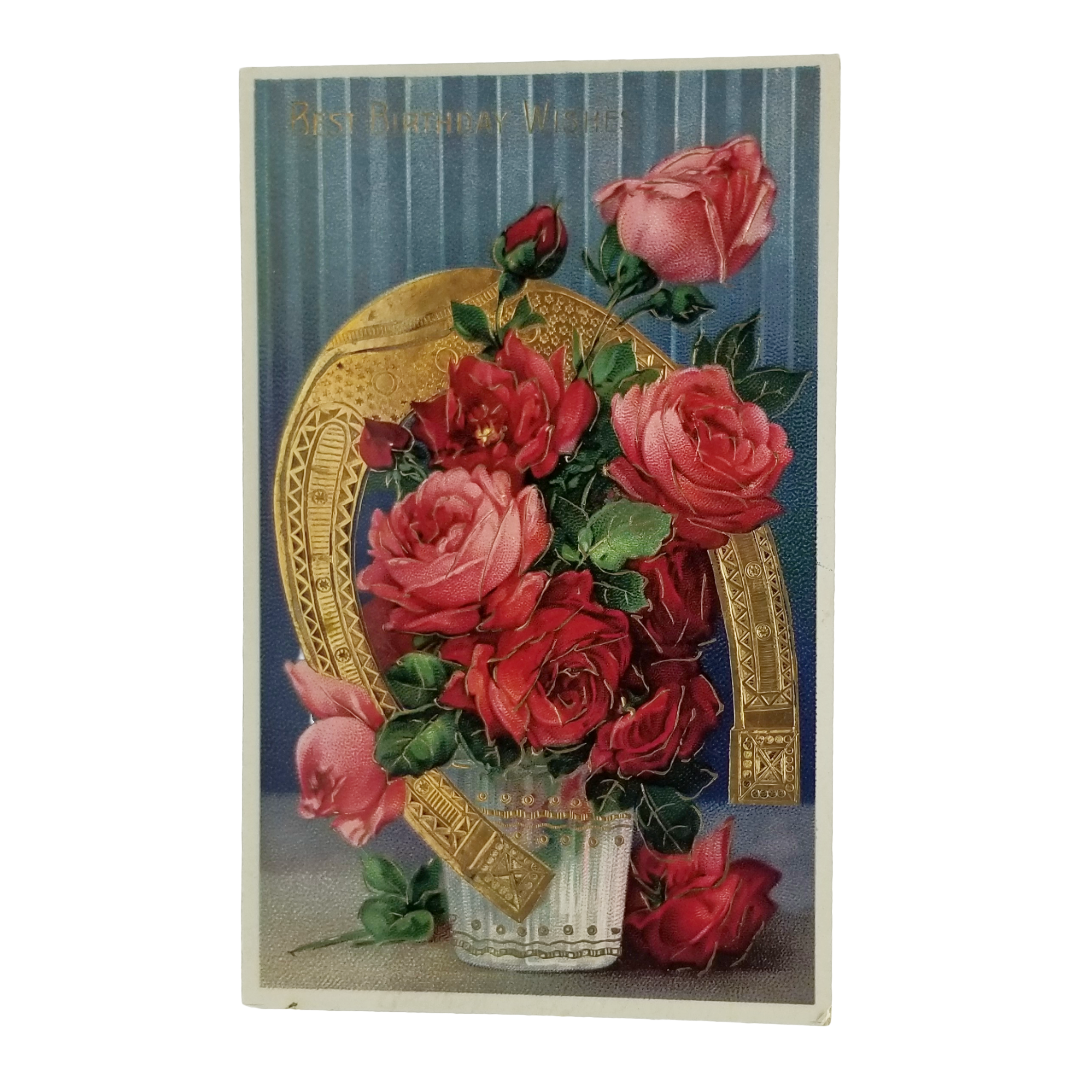 Greetings Postcard Happy Birthday Roses & Horseshoe Gold Highlights Gel Finish Series 7072