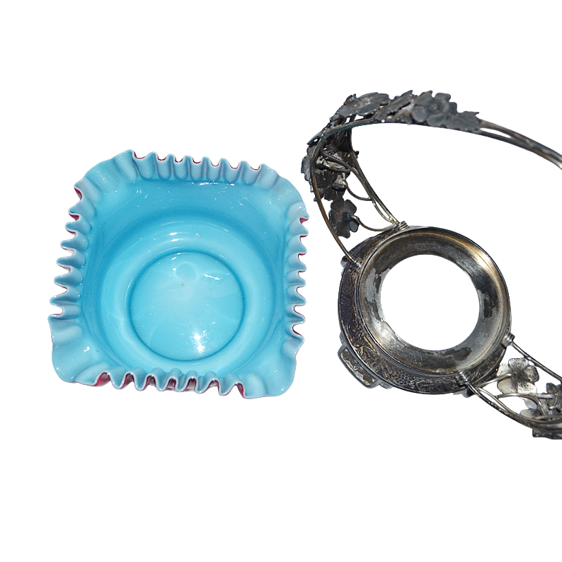 Mt Washington Pairpoint Peachblow Blue Cased Art Glass Bride's Basket