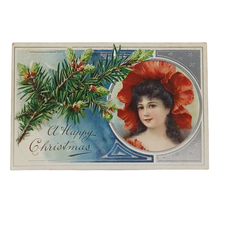 New Year Postcard Brunette Woman in Red Bonnet Pine Cones Silver Back