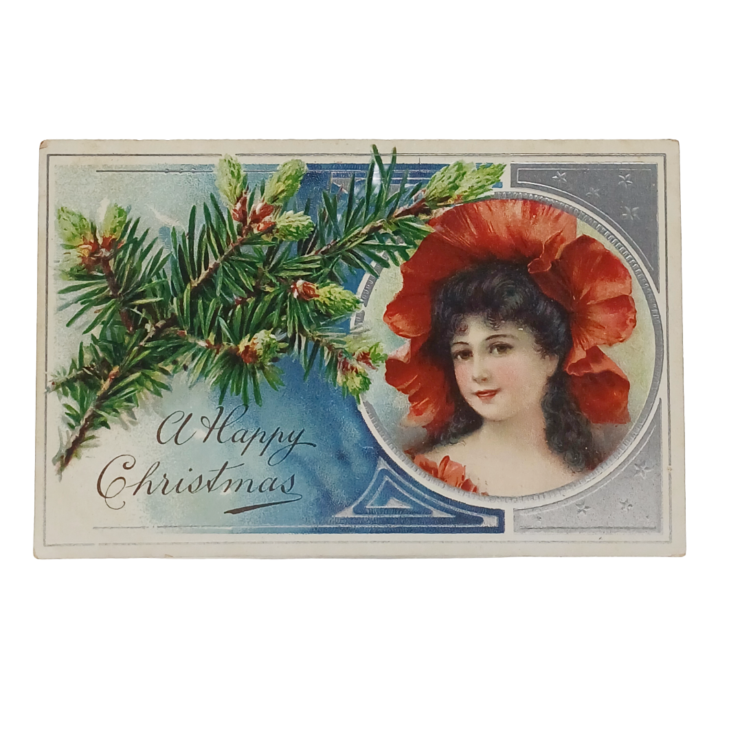 New Year Postcard Brunette Woman in Red Bonnet Pine Cones Silver Back