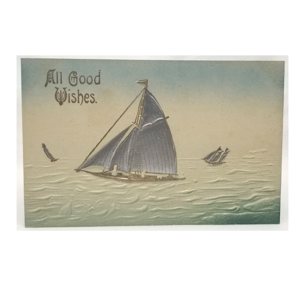 Greetings Postcard Best Wishes Embossed Card with Silver & Gold Sailboat on Ocean Airbrush Style