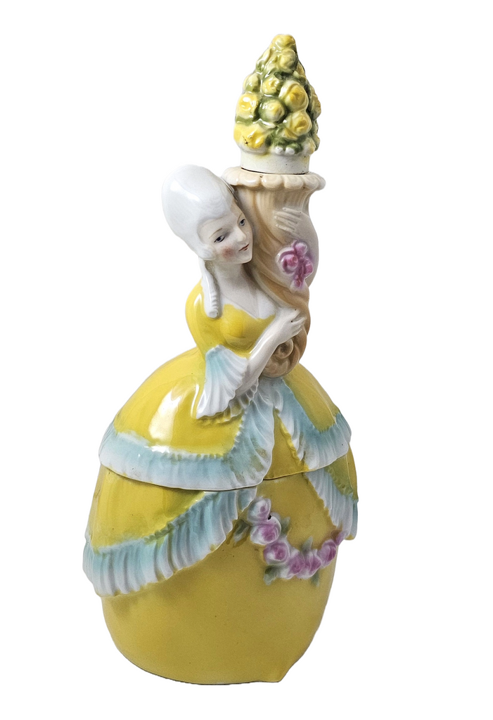 Bavarian Porcelain Erphila Yellow Figural Woman Powder Box Jar & Perfume Half Doll